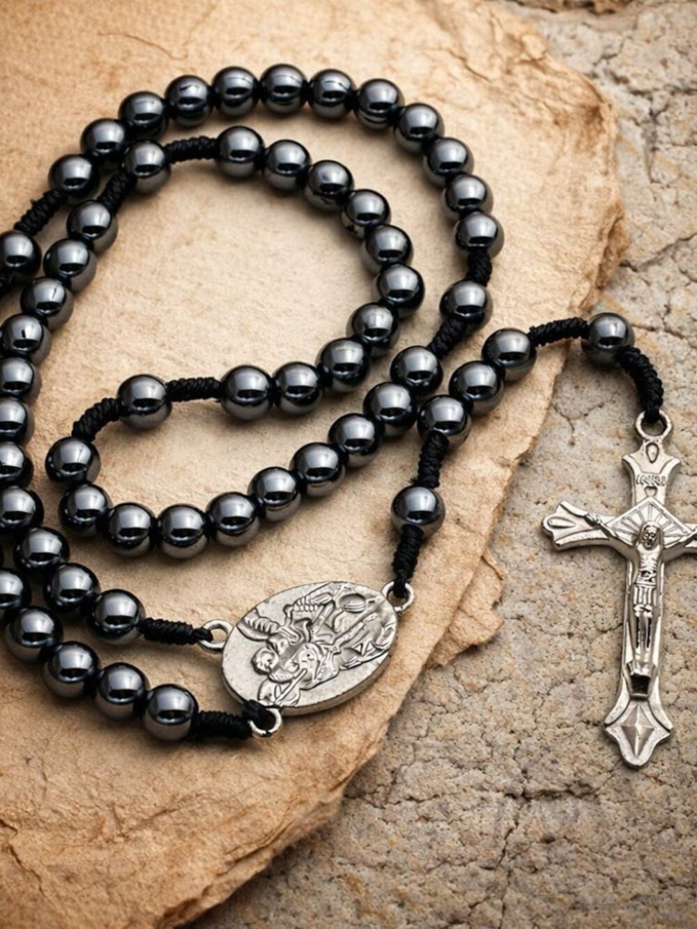 Saint Michael Hematite Bead Rosary, Black Cord, 12" Length, St Michael Center